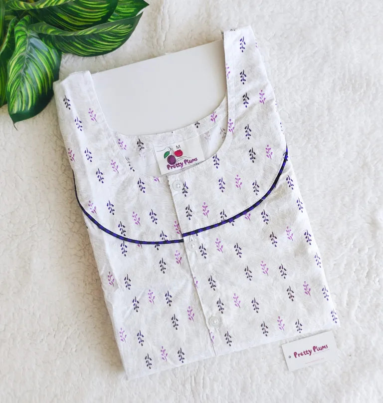 Maternity/ Feeding Three Fourth Nighty – PPM3/4 – White With Purple Floral