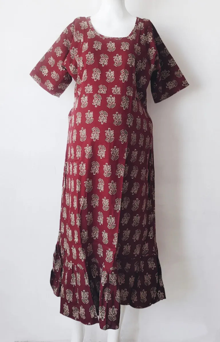Maternity/ Feeding dress – MFK – Maroon with Green Print