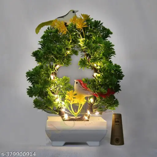 Artificial Bonsai Plant, 2 Sparrow with LED Light| Pot for Office, Room Decor Bonsai Artificial Plant with Pot (23.5 cm Yellow, Green)