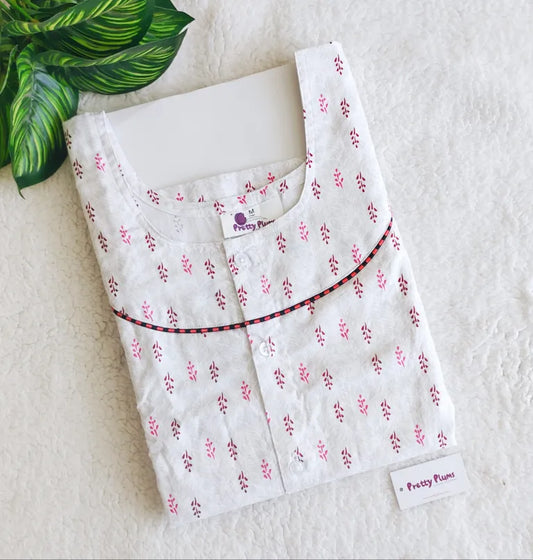 Maternity/ Feeding Three Fourth Nighty – PPM3/4 – White With Coffee Brown Floral
