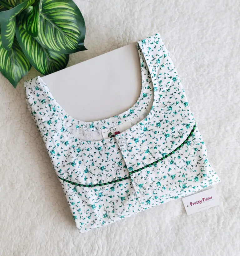 Maternity/ Feeding Three Fourth Nighty – PPM3/4 – White With Green Floral