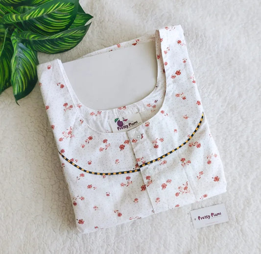 Maternity/ Feeding Three Fourth Nighty – PPM3/4 – White With Brown Floral
