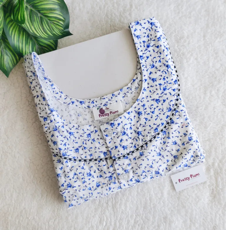 Maternity/ Feeding Three Fourth Nighty – PPM3/4 – White With Blue Floral