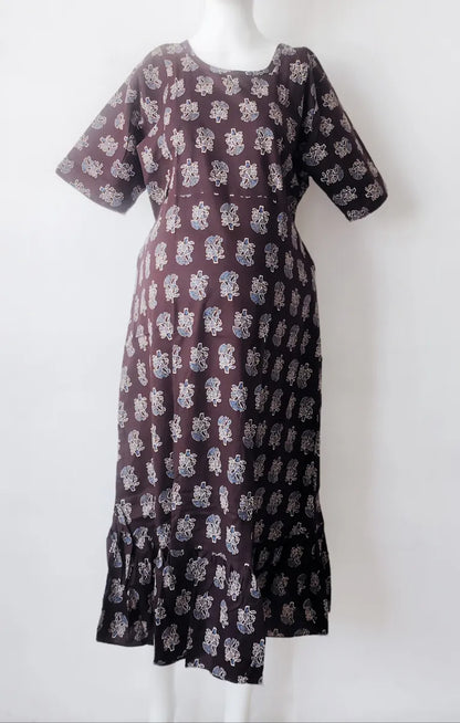 Maternity/ Feeding dress – MFK – Coffee Brown with Blue Print