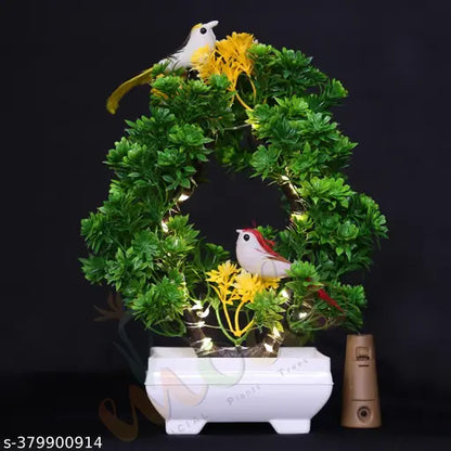 Artificial Bonsai Plant, 2 Sparrow with LED Light| Pot for Office, Room Decor Bonsai Artificial Plant with Pot (23.5 cm Yellow, Green)